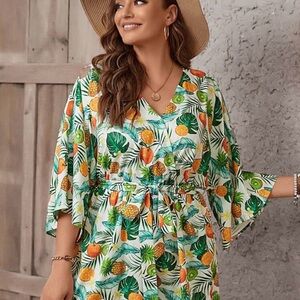 Tropical Print Belted Romper 1X